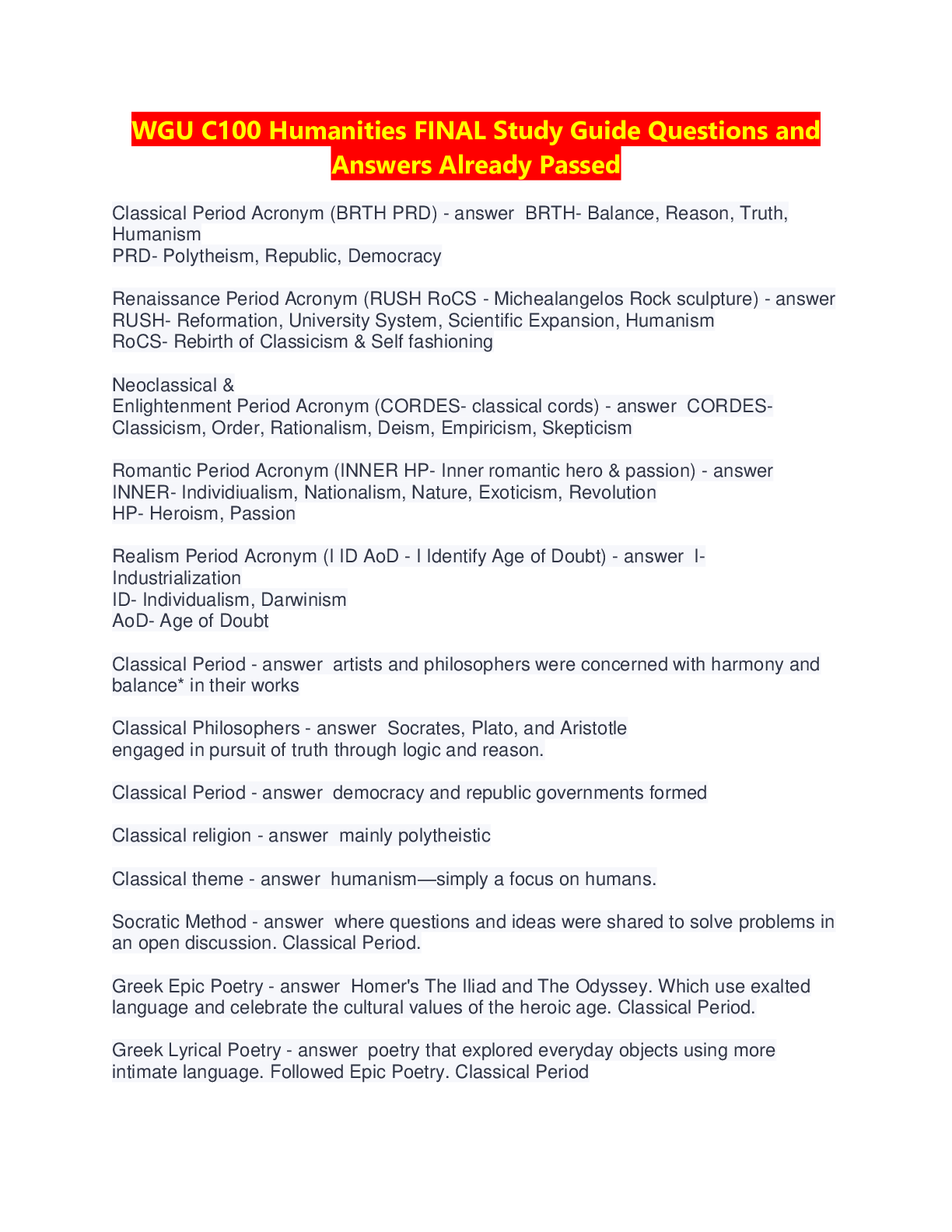 Preview image for WGU C100 Humanities FINAL Study Guide Questions and Answers Already Passed